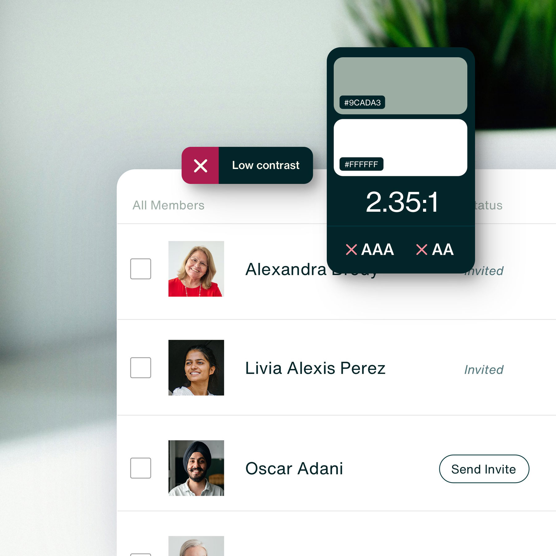 app screen with profile pictures audit showing color contrast errors